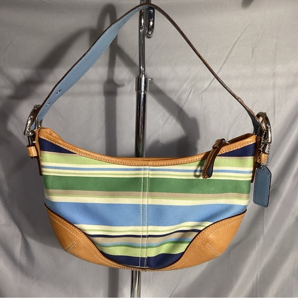 SOLD……COACH Blue Green Striped w/ Tan Leather Shoulder Bag L2J-9514 EUC - Picture 10 of 10